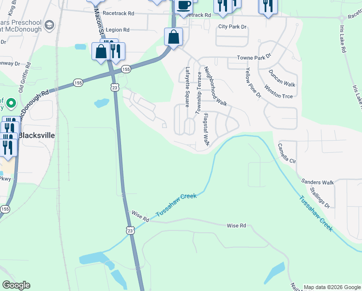 map of restaurants, bars, coffee shops, grocery stores, and more near 6025 Creekerton Boulevard in McDonough
