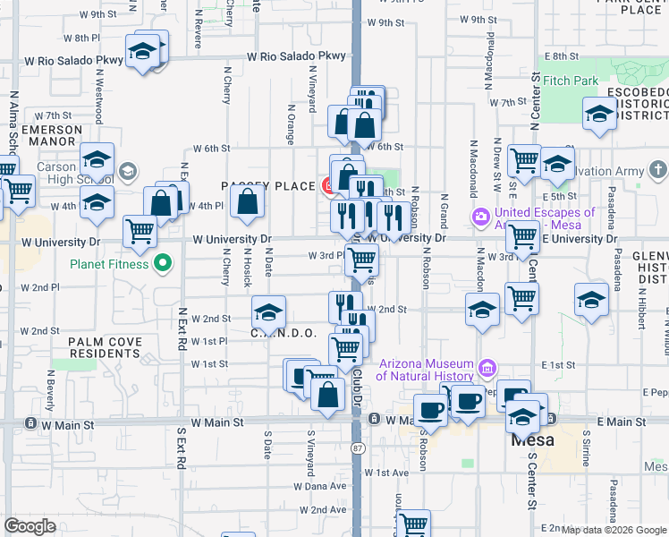 map of restaurants, bars, coffee shops, grocery stores, and more near 447 West 3rd Place in Mesa