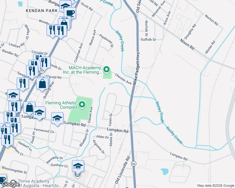 map of restaurants, bars, coffee shops, grocery stores, and more near 2463 Yates Drive in Augusta