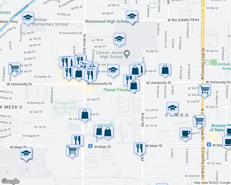 map of restaurants, bars, coffee shops, grocery stores, and more near 333 North Westwood in Mesa