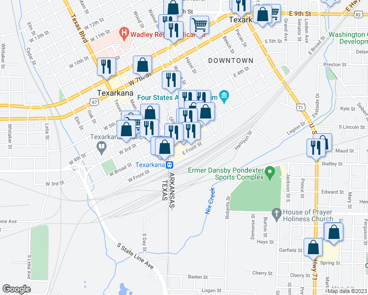 map of restaurants, bars, coffee shops, grocery stores, and more near 105 Olive Street in Texarkana