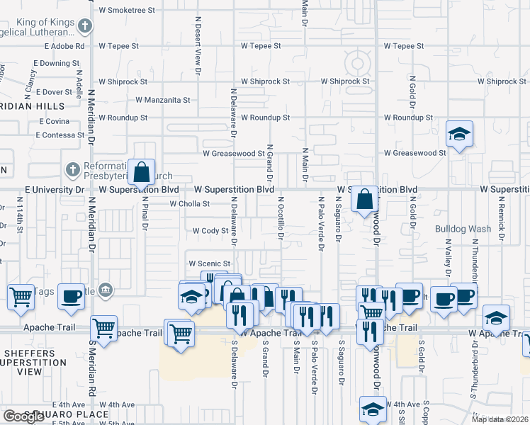 map of restaurants, bars, coffee shops, grocery stores, and more near 2220 West Ohio Street in Apache Junction