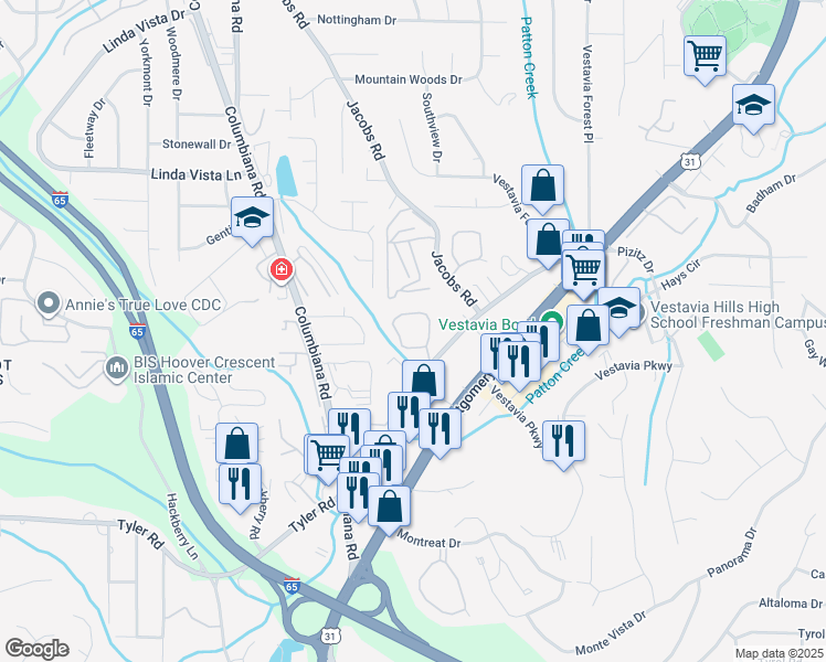 map of restaurants, bars, coffee shops, grocery stores, and more near 2648 Southbury Circle in Vestavia Hills