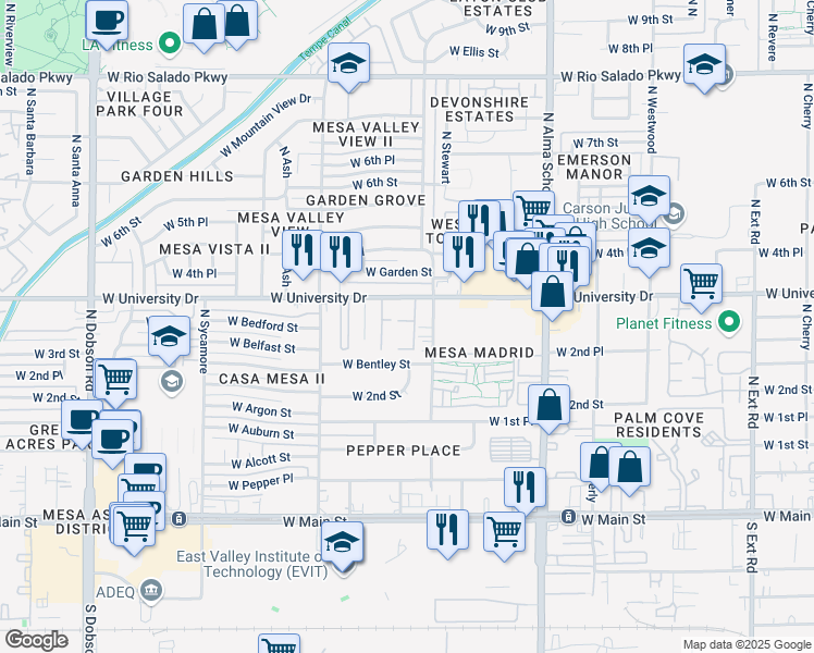 map of restaurants, bars, coffee shops, grocery stores, and more near 1457 West University Drive in Mesa
