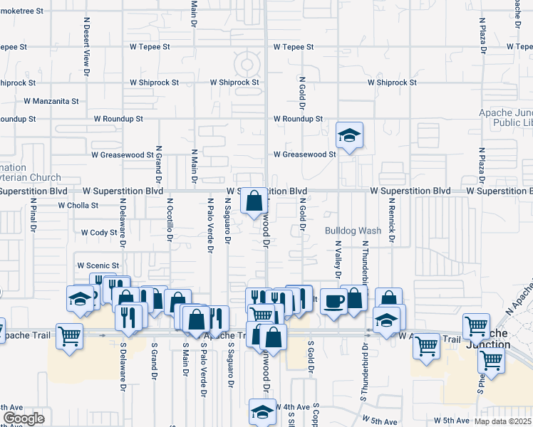 map of restaurants, bars, coffee shops, grocery stores, and more near 710 North Ironwood Drive in Apache Junction