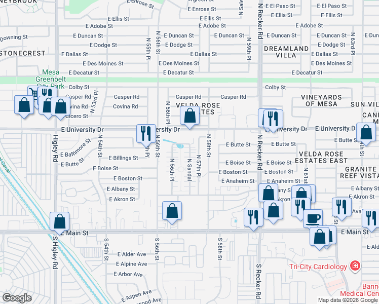 map of restaurants, bars, coffee shops, grocery stores, and more near 318 North Sandal in Mesa