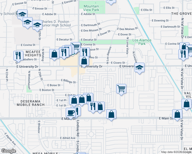 map of restaurants, bars, coffee shops, grocery stores, and more near Mobile Home Park in Mesa