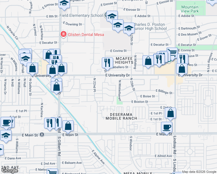map of restaurants, bars, coffee shops, grocery stores, and more near 2301 East University Drive in Mesa