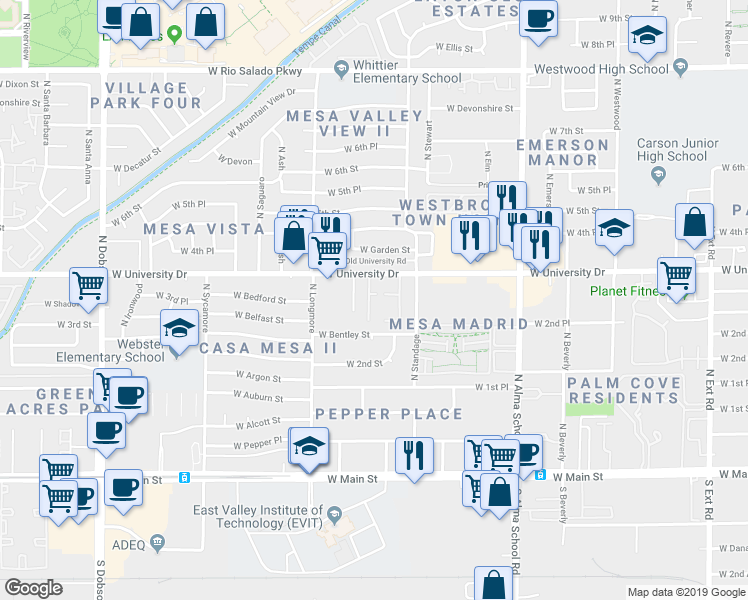 map of restaurants, bars, coffee shops, grocery stores, and more near 1457 West University Drive in Mesa