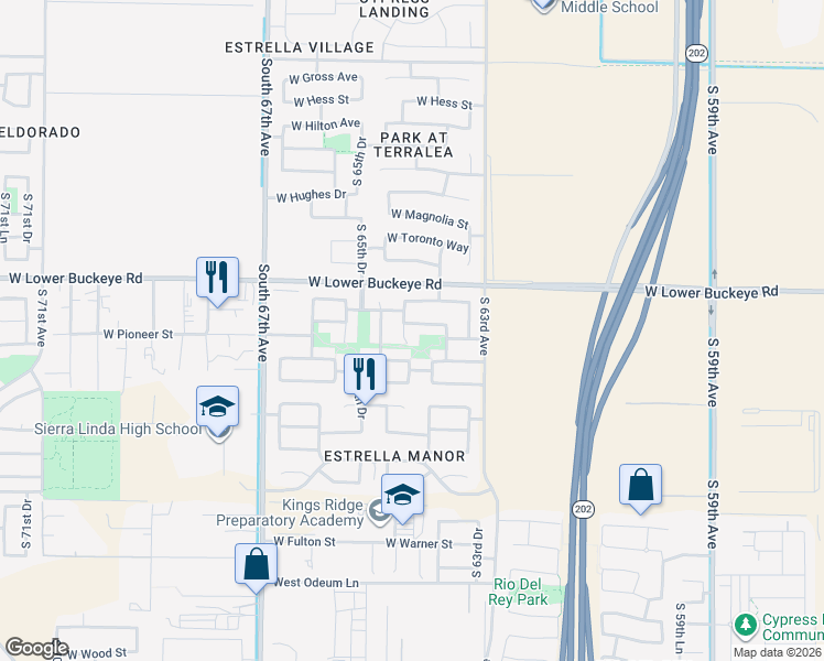 map of restaurants, bars, coffee shops, grocery stores, and more near 6432 West Cordes Road in Phoenix