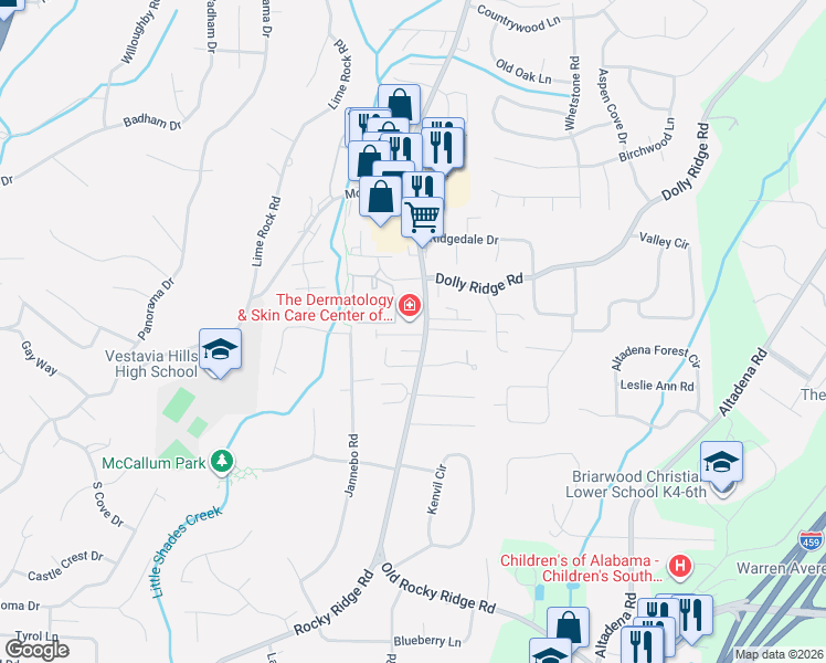 map of restaurants, bars, coffee shops, grocery stores, and more near 2470 Rocky Ridge Road in Birmingham
