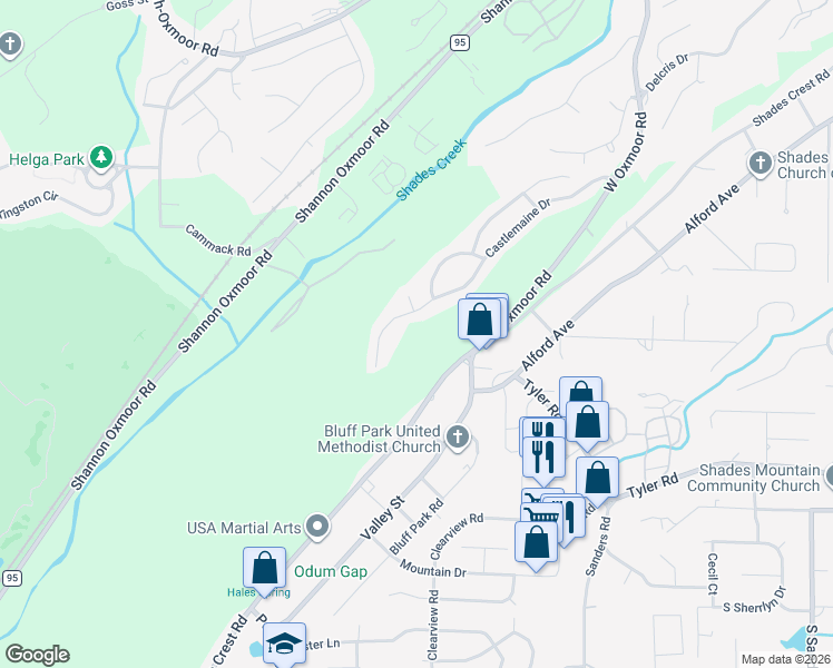 map of restaurants, bars, coffee shops, grocery stores, and more near 1117 Castlemaine Drive in Birmingham