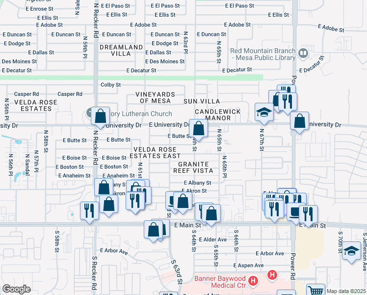 map of restaurants, bars, coffee shops, grocery stores, and more near 6337 East Billings Street in Mesa