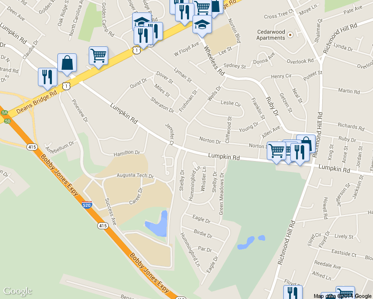 map of restaurants, bars, coffee shops, grocery stores, and more near 2897 Wells Drive in Augusta