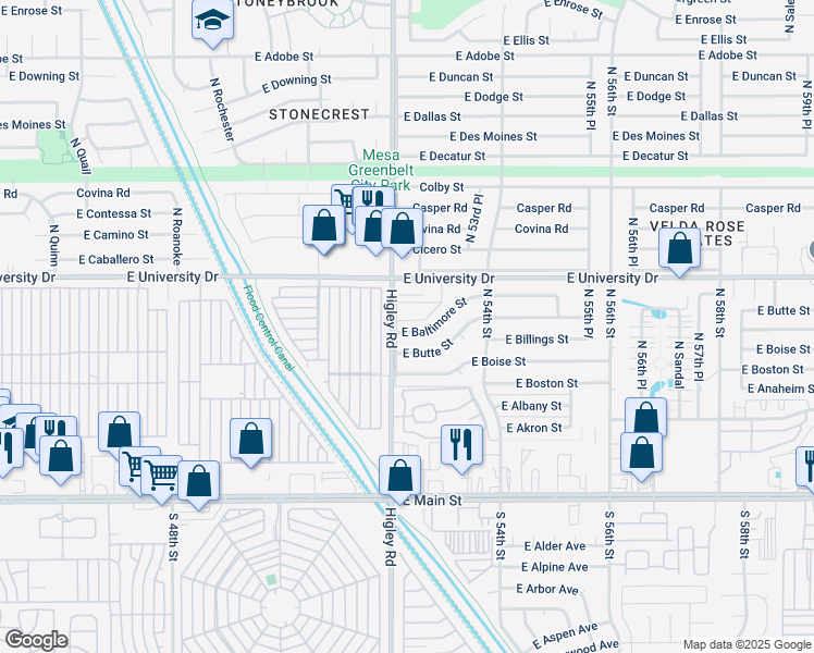 map of restaurants, bars, coffee shops, grocery stores, and more near 5210 East Baltimore Street in Mesa