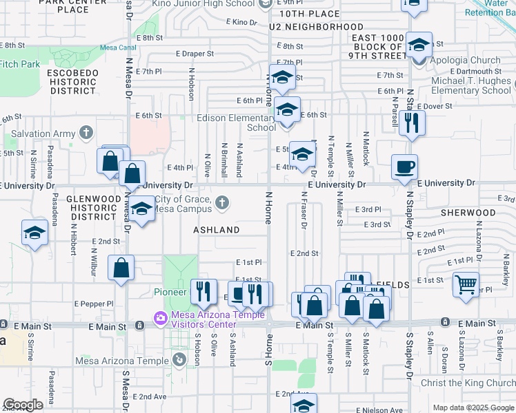 map of restaurants, bars, coffee shops, grocery stores, and more near 322 North Horne in Mesa