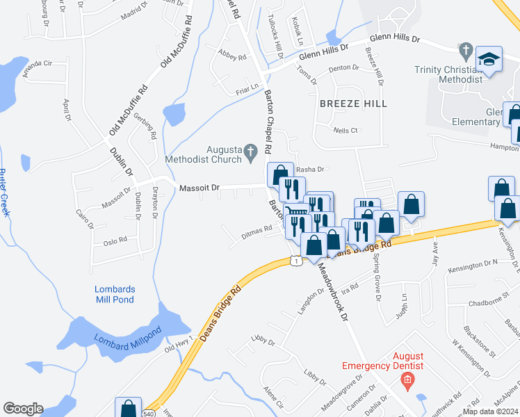 map of restaurants, bars, coffee shops, grocery stores, and more near 2665 Barton Chapel Road in Augusta