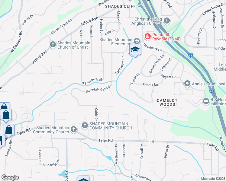 map of restaurants, bars, coffee shops, grocery stores, and more near 2307 Mountain Oaks Circle in Birmingham
