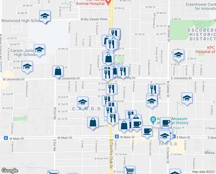 map of restaurants, bars, coffee shops, grocery stores, and more near 324 N Country Club Dr in Mesa