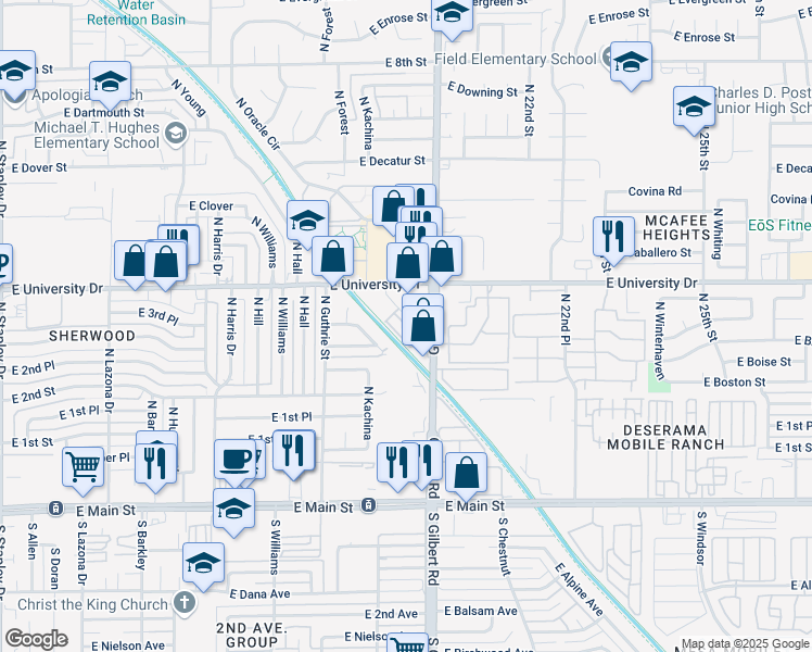 map of restaurants, bars, coffee shops, grocery stores, and more near 310 North Gilbert Road in Mesa