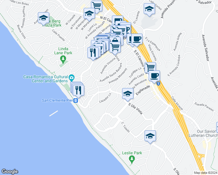 map of restaurants, bars, coffee shops, grocery stores, and more near 508 South Ola Vista in San Clemente