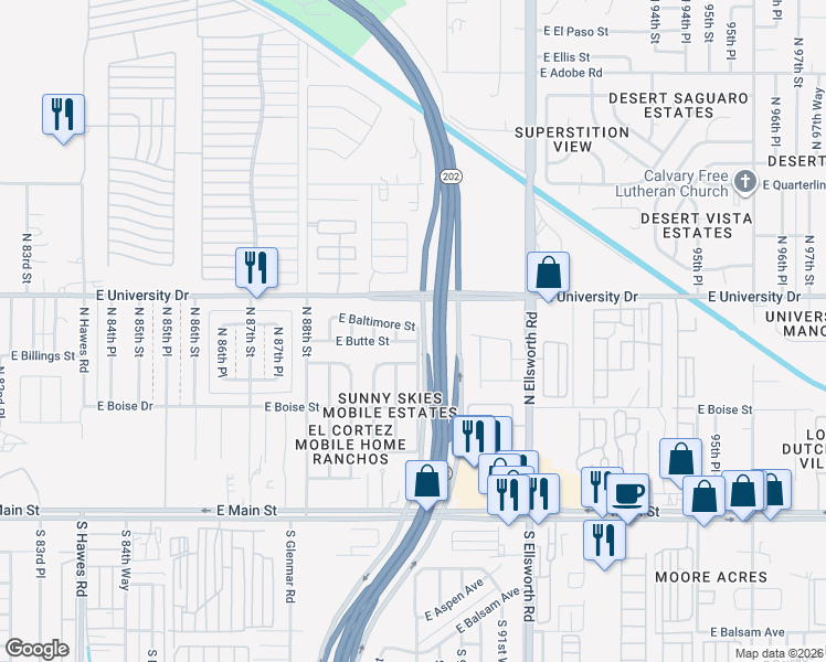 map of restaurants, bars, coffee shops, grocery stores, and more near 324 North 90th Street in Mesa