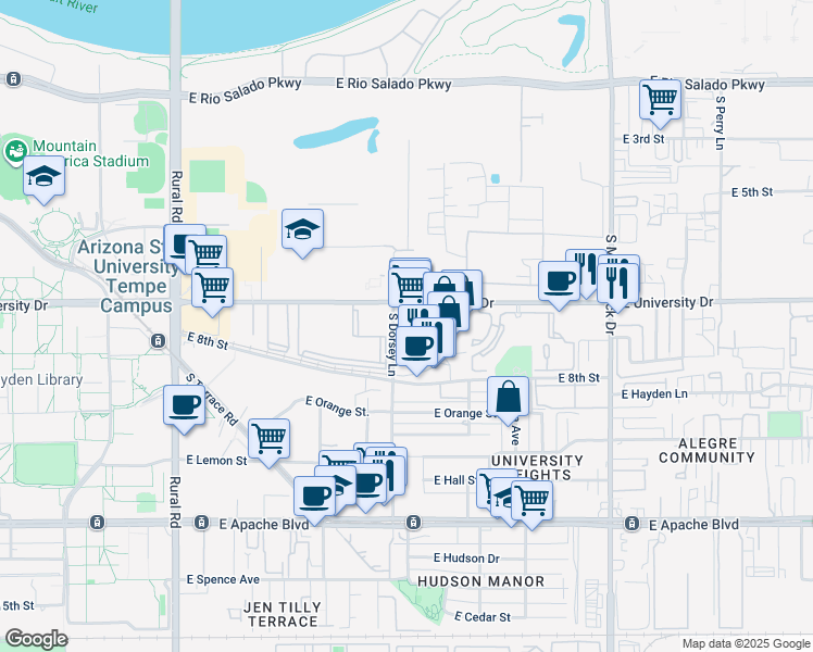 map of restaurants, bars, coffee shops, grocery stores, and more near 1301 East University Drive in Tempe