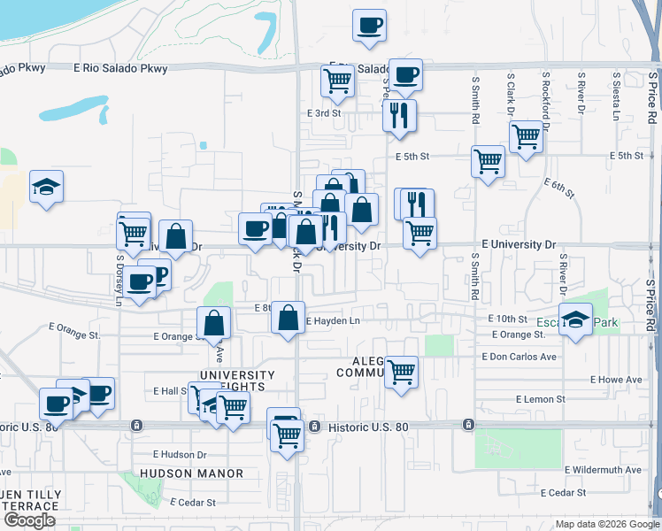 map of restaurants, bars, coffee shops, grocery stores, and more near 1845 East University Drive in Tempe