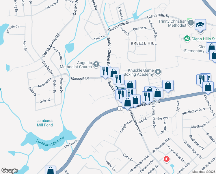 map of restaurants, bars, coffee shops, grocery stores, and more near 2700-2714 Barton Chapel Road in Augusta