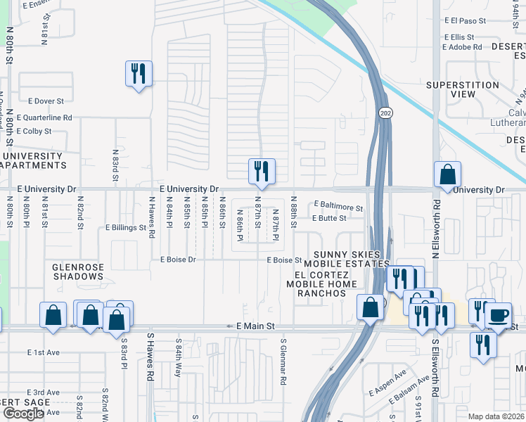 map of restaurants, bars, coffee shops, grocery stores, and more near 8702 East Butte Street in Mesa