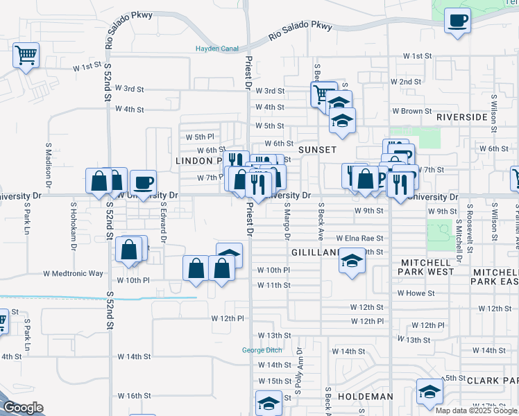 map of restaurants, bars, coffee shops, grocery stores, and more near 1335 West University Drive in Tempe