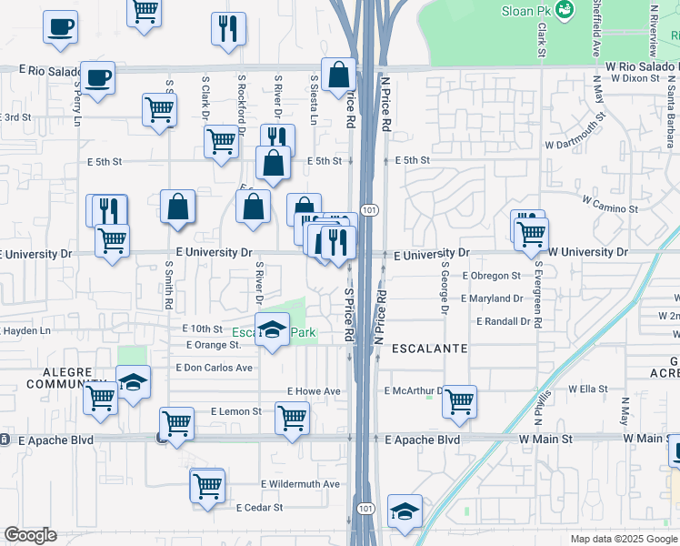 map of restaurants, bars, coffee shops, grocery stores, and more near 2155 East University Drive in Tempe