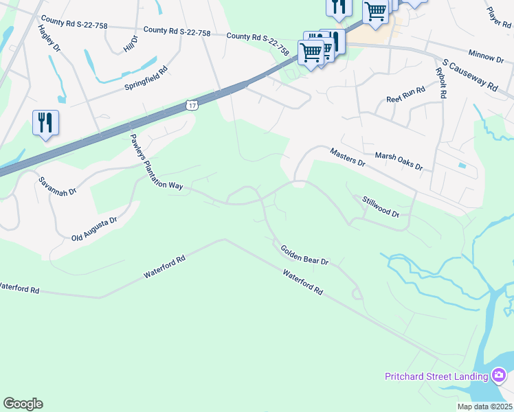 map of restaurants, bars, coffee shops, grocery stores, and more near 16 Golden Bear Drive in Pawleys Island