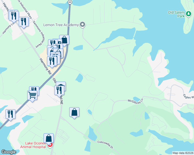 map of restaurants, bars, coffee shops, grocery stores, and more near 107 Oak Grove Lane in Eatonton