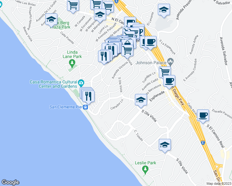 map of restaurants, bars, coffee shops, grocery stores, and more near 315 Avenida Monterey in San Clemente