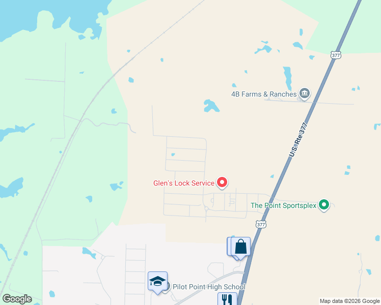 map of restaurants, bars, coffee shops, grocery stores, and more near 1281 U.S. Route 377 in Pilot Point