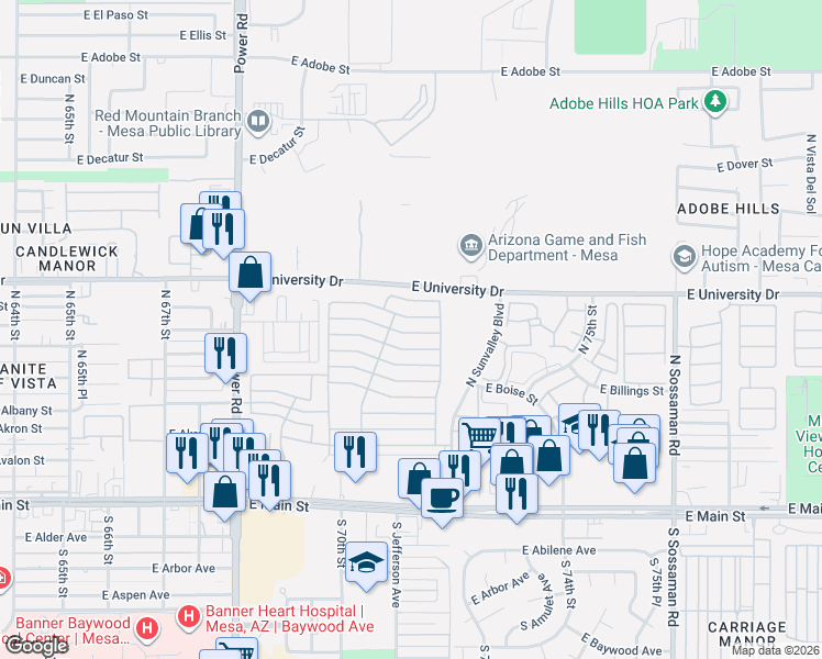 map of restaurants, bars, coffee shops, grocery stores, and more near E 9th Ave in Mesa