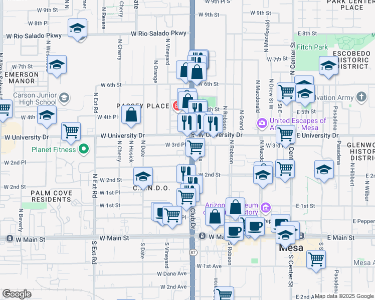 map of restaurants, bars, coffee shops, grocery stores, and more near 324 North Country Club Drive in Mesa