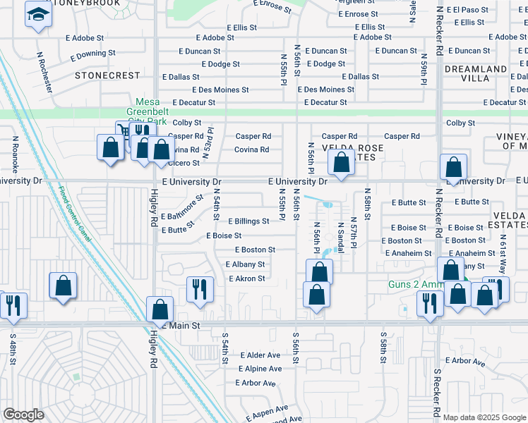 map of restaurants, bars, coffee shops, grocery stores, and more near 5501 East Butte Street in Mesa