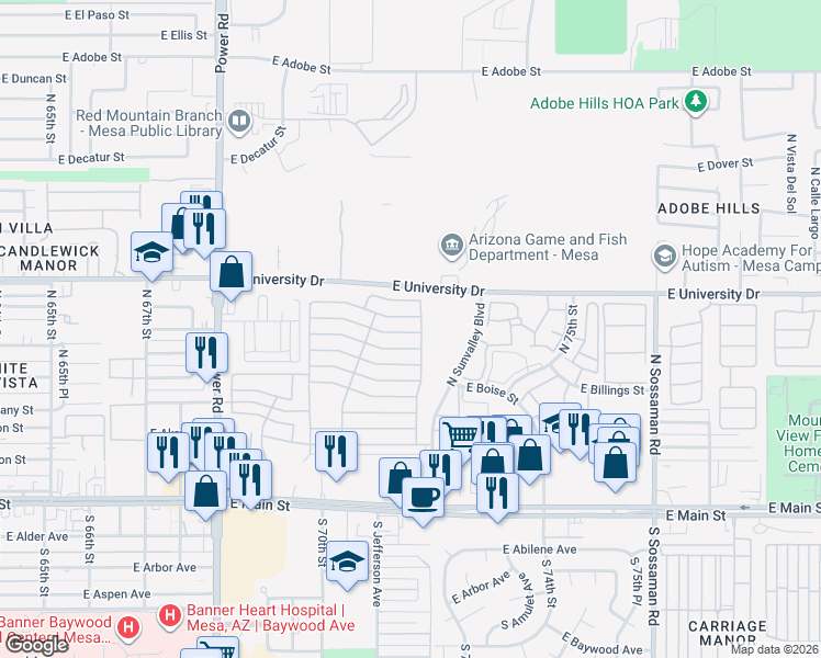 map of restaurants, bars, coffee shops, grocery stores, and more near 215 North Power Road in Mesa