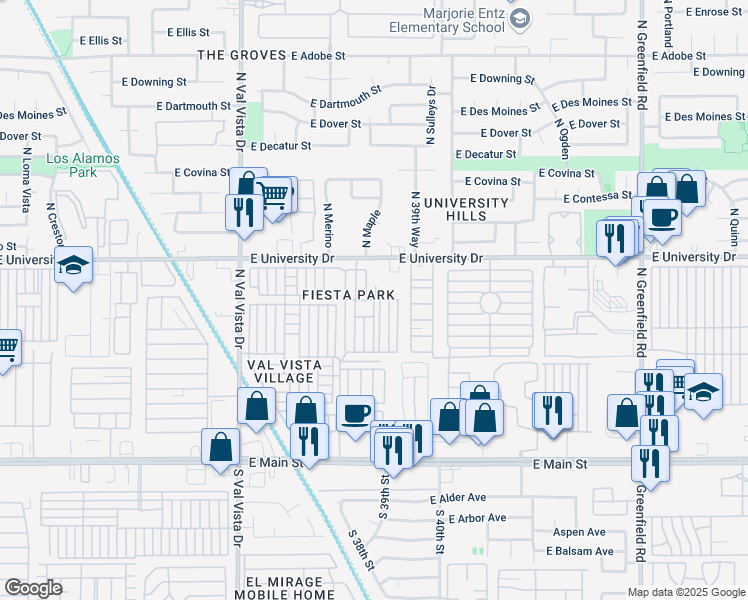 map of restaurants, bars, coffee shops, grocery stores, and more near North Fiesta Travel Trailer Park in Mesa
