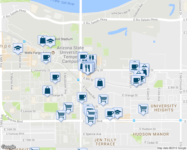 map of restaurants, bars, coffee shops, grocery stores, and more near 959 East University Drive in Tempe