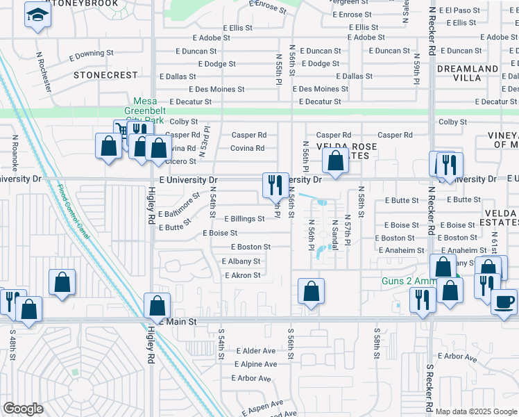 map of restaurants, bars, coffee shops, grocery stores, and more near 5501 East Butte Street in Mesa
