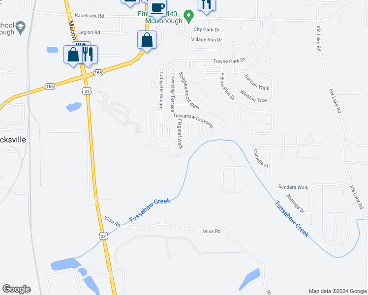map of restaurants, bars, coffee shops, grocery stores, and more near 5245 Tussahaw Crossing in McDonough