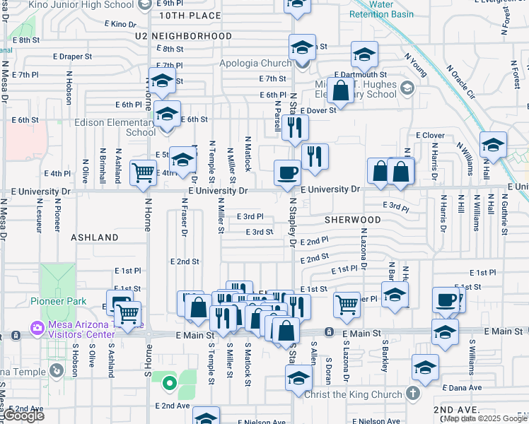 map of restaurants, bars, coffee shops, grocery stores, and more near 1114 East 3rd Place in Mesa