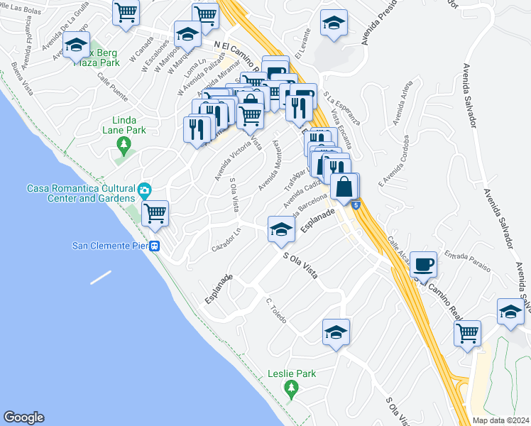 map of restaurants, bars, coffee shops, grocery stores, and more near 151 Trafalgar Lane in San Clemente