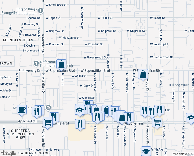 map of restaurants, bars, coffee shops, grocery stores, and more near 708 North Victory Drive in Apache Junction