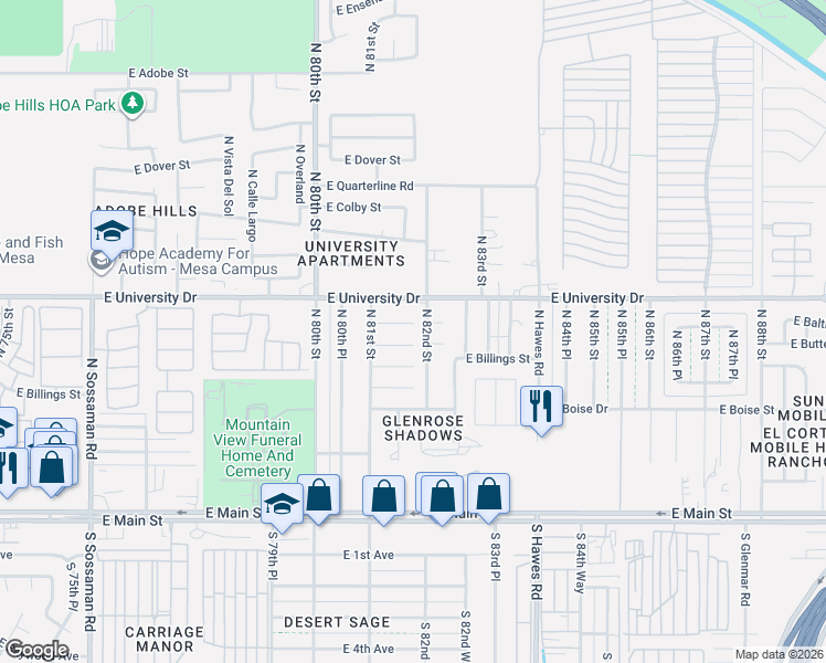 map of restaurants, bars, coffee shops, grocery stores, and more near 8125 East Baltimore Street in Mesa