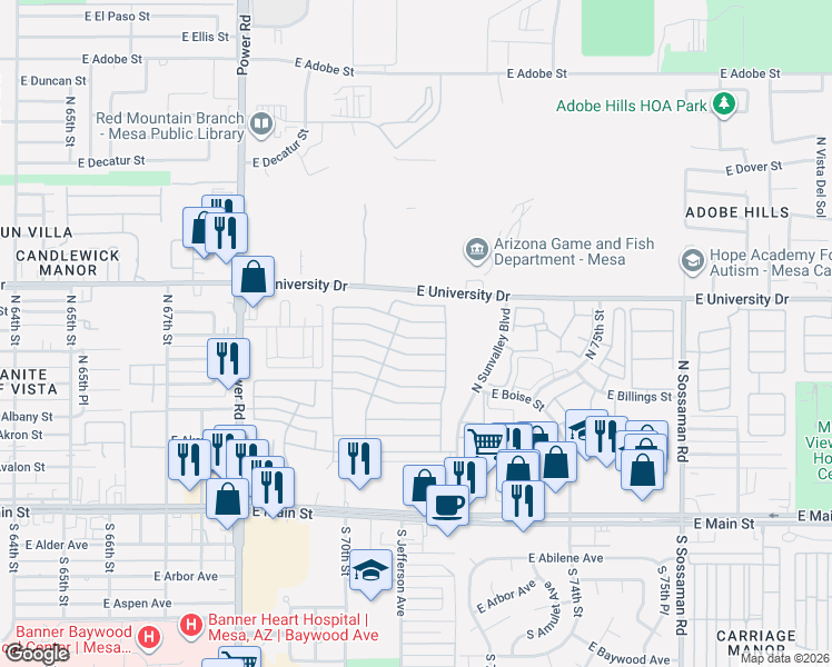 map of restaurants, bars, coffee shops, grocery stores, and more near E 9th Ave in Mesa
