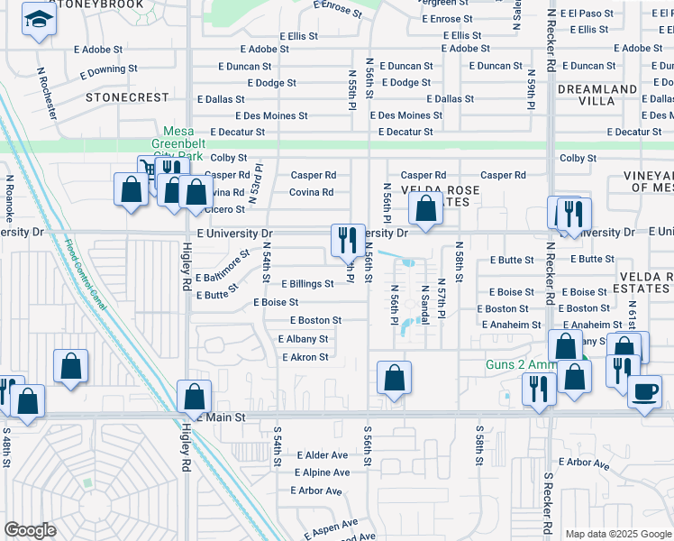 map of restaurants, bars, coffee shops, grocery stores, and more near 5501 East Butte Street in Mesa